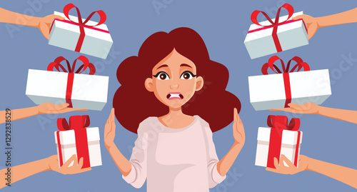 Unhappy Woman Saying No to Gifts Vector Cartoon Illustration. Girl refusing denying unsolicited present boxes from suitors 
