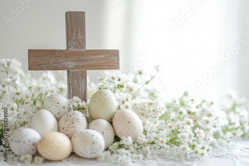 A wooden cross adorned with Easter eggs and white flowers, set against a white background.