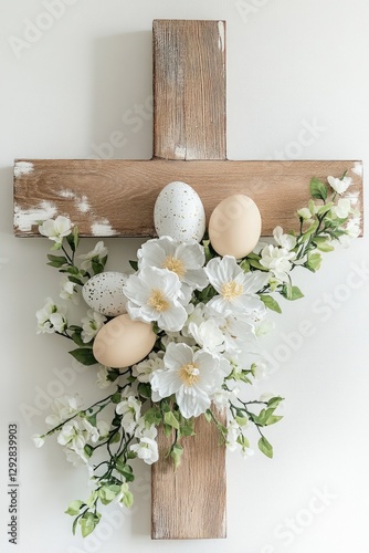 A wooden cross adorned with Easter eggs and white flowers, set against a white background.