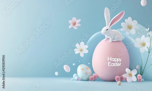 Happy Easter banner with a egg, a bunny, and flowers on a blue background. Spring holiday Happy Easter inscription design template for web, poster, flyer, or cover letter.