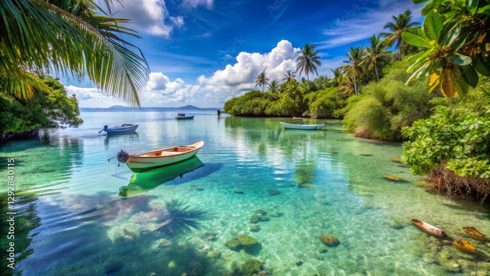 Serene Tropical Lagoon with Boats and Lush Greenery Under Blue Sky Serene Tropical Lagoon with Boats and Lush Greenery Under Blue Sky