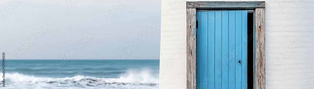 Old weathered open blue door on a coastal lighthouse, waves crashing in the background, maritime nostalgia Old weathered open blue door on a coastal lighthouse, waves crashing in the background, maritime nostalgia