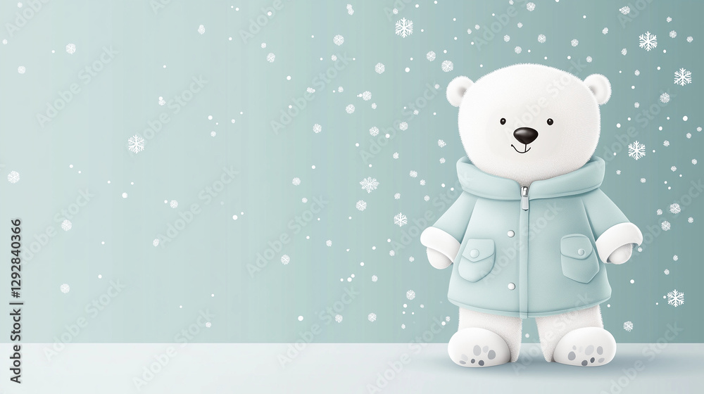 Winter's Embrace: Cute Polar Bear in winter clothes standing against snowy background, and snowflakes. Winter's Embrace: Cute Polar Bear in winter clothes standing against snowy background, and snowflakes.