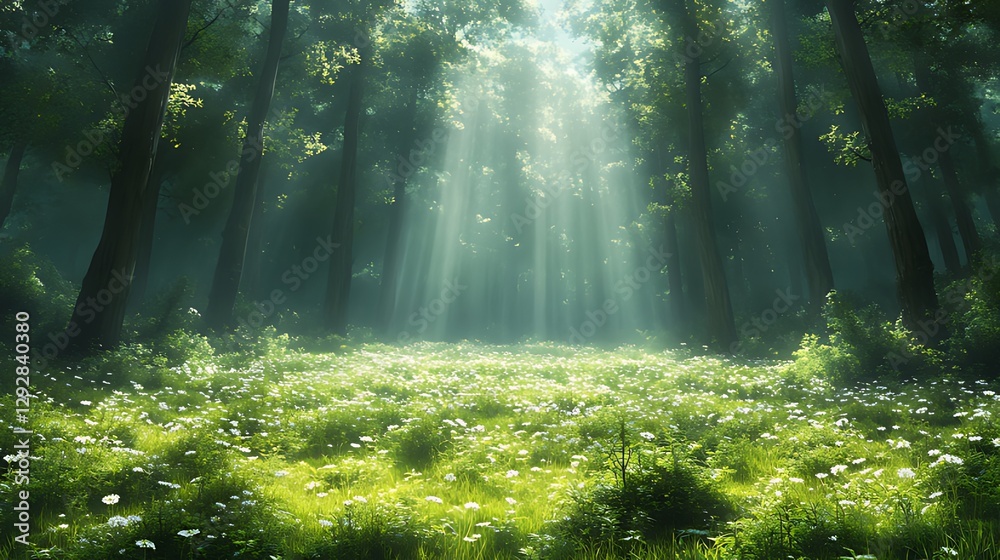 Fototapeta premium Sunbeams pierce misty forest, illuminating wildflowers