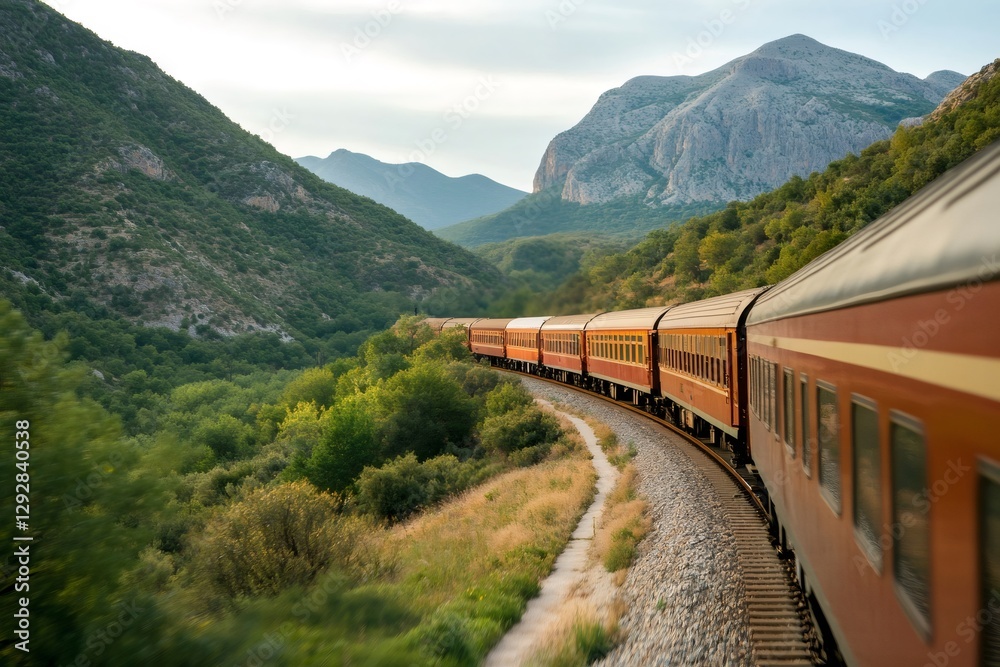 Red train traveling through a valley in Montenegro Red train traveling through a valley in Montenegro