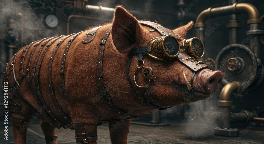 Fototapeta premium Steampunk-inspired duroc pig wearing goggles and leather straps in an industrial setting with pipes