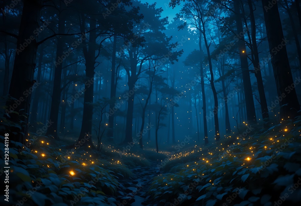 Obraz premium Enchanted Forest at Night with Fireflies Illuminating the Path