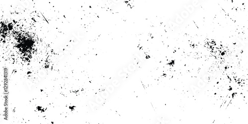 overlay texture of grainy grunge surface, Dirt messy splash overlay and Black and white Dusty scratched grunge texture, abstract dotted black particles is arranging randomly on white background.