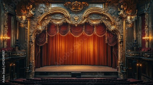 A historic theater's interior featuring velvet curtains, ornate decorations, and golden accents. 