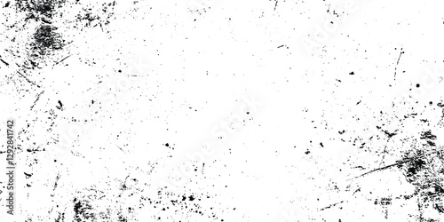 overlay texture of grainy grunge surface, Dirt messy splash overlay and Black and white Dusty scratched grunge texture, abstract dotted black particles is arranging randomly on white background.