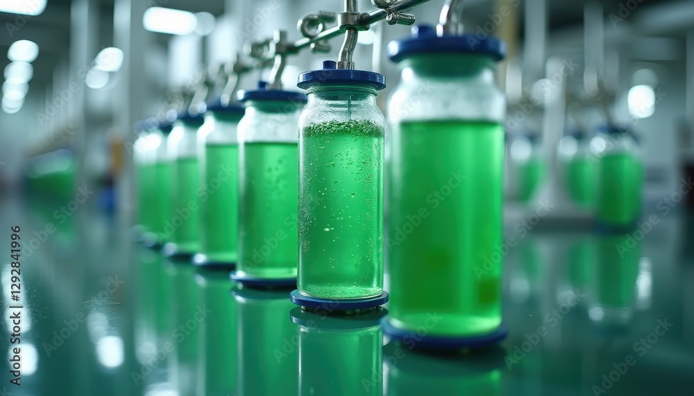 Green Liquid in Laboratory Bottles on a Production Line Display Green Liquid in Laboratory Bottles on a Production Line Display