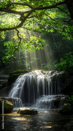 Sunlit Waterfall in Lush Green Forest