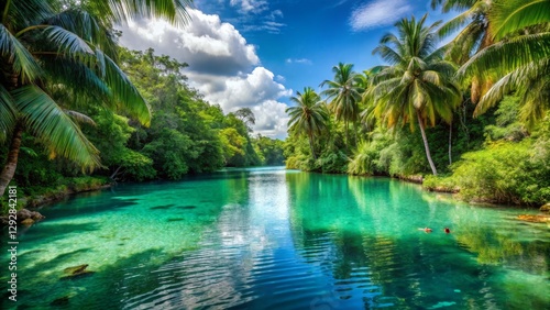 Serene Tropical River Surrounded by Lush Green Palm Trees