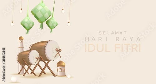 Selamat Idul Fitri Means Happy Eid Mubarak. Eid al Fitr 4K Animation Islamic Footage with Ketupat (Indonesian Rice Cake) and Islamic Decoration in 3D Style