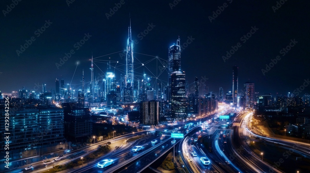 Fototapeta premium Futuristic smart city skyscrapers at night urban landscape cityscape high-tech environment aerial view modern vision