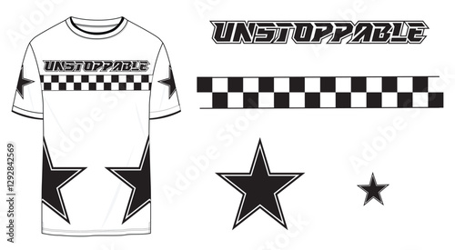 T-shirt, sports jersey, unstoppable, race track, motocross, motor race, racer, champion, art, tee, teen, men, boys, streetwear, graphic print, white tee, fashion, placement graphic, vector artwork
