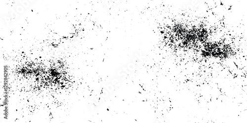 overlay texture of grainy grunge surface, Dirt messy splash overlay and Black and white Dusty scratched grunge texture, abstract dotted black particles is arranging randomly on white background.