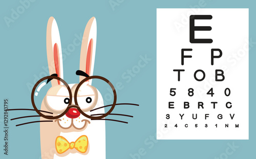 Bunny Checking his Vision During Eye Consultation Vector Illustration. Cheerful rabbit consulting a specialist for eyesight corrective issues 