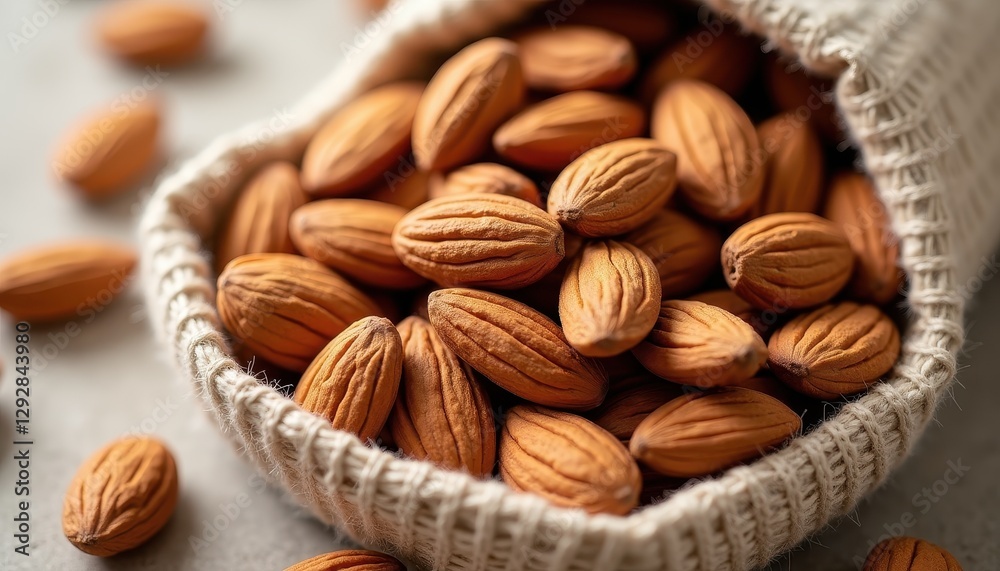 Raw shelled almonds spilling from linen bag on a neutral surface Raw shelled almonds spilling from linen bag on a neutral surface