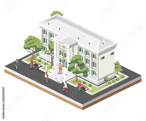 Isometric view of courthouse building, bank, university or governmental institution. Public building with high columns. Law and justice concept.