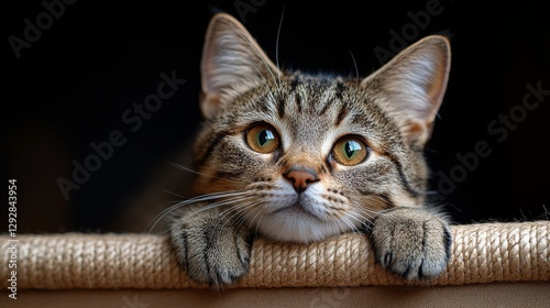 Adorable Tabby Cat Resting on Scratching Post