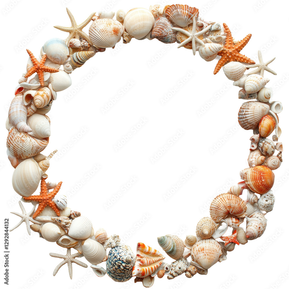 Obraz premium Oval beach theme picture frame adorned with colorful shells and starfish for summer memories, Oval Beach Theme Picture Frame with Shells on Transparent background