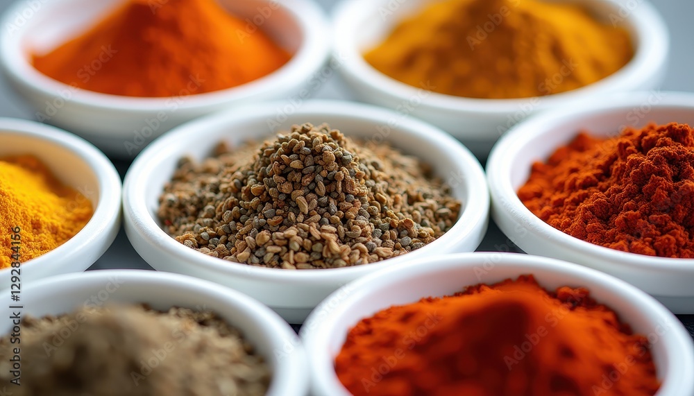 Colorful Collection of Spices in White Bowls on a Flat Surface Colorful Collection of Spices in White Bowls on a Flat Surface
