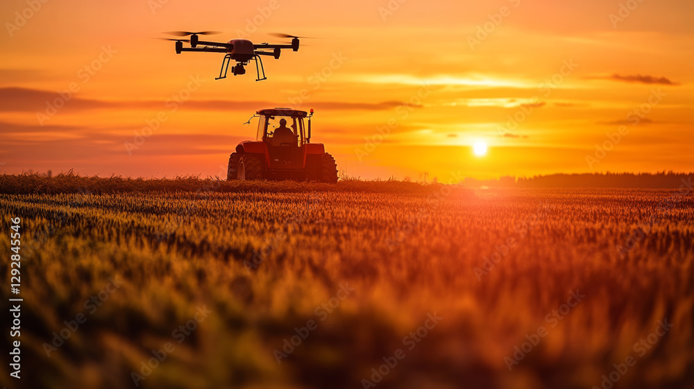 Fototapeta premium tractor and drone against sunset in field