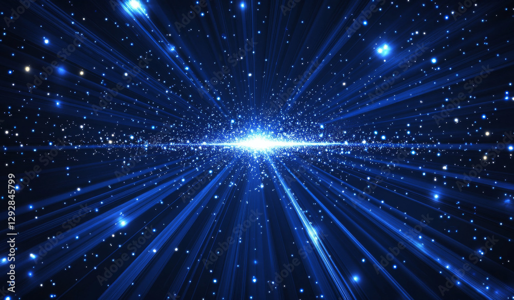 Fototapeta premium Bright blue light rays radiate from central point in space