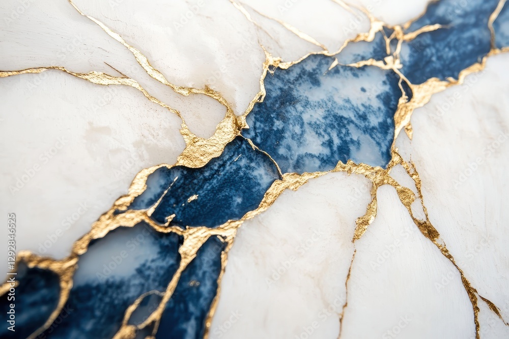 Fototapeta premium Blue and white fluid art with kintsugi details viewed up close