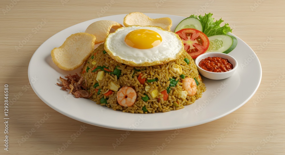 Delicious Nasi Goreng Topped with Fried Egg and Served with Crisp Garnishes Delicious Nasi Goreng Topped with Fried Egg and Served with Crisp Garnishes