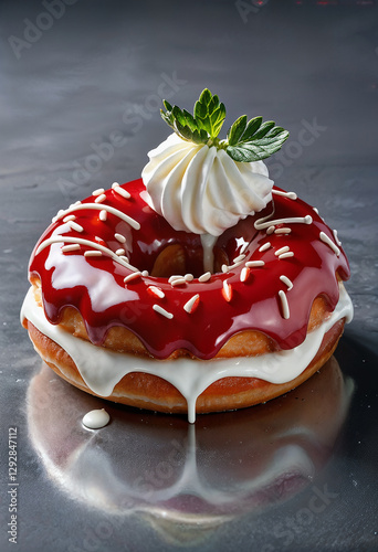 Obraz na płótnie sweet delicious strawberry donut with glaze fresh strawberries and whipped cream w salonie