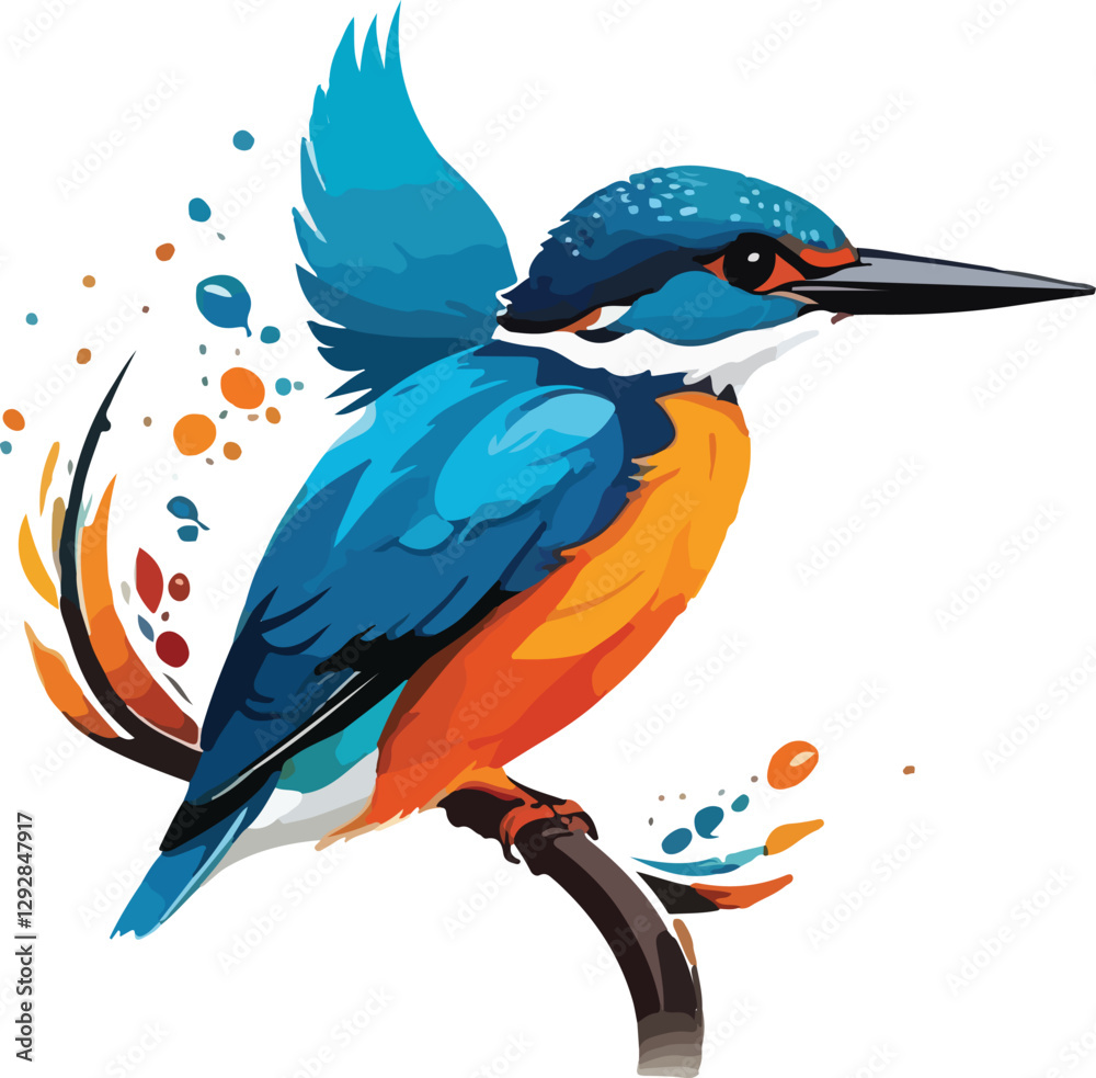 Obraz premium Colorful Kingfisher Illustration vector design, Kingfisher sitting on branch