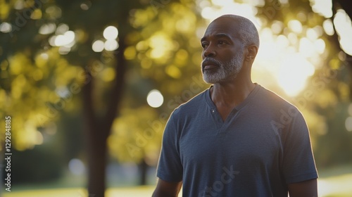 Hypertension patient taking a brisk walk in the park. Featuring physical activity and wellness