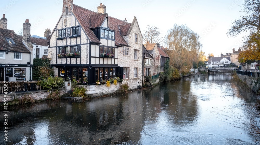 Naklejka premium Charming canal town, Autumn morning, UK street scene, architectural gems, relaxing view, possible postcard, photo-book