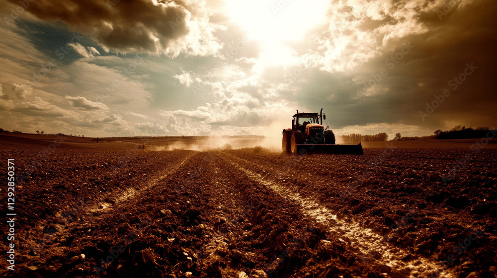 Farming tractor plowing field under dramatic sky Farming tractor plowing field under dramatic sky