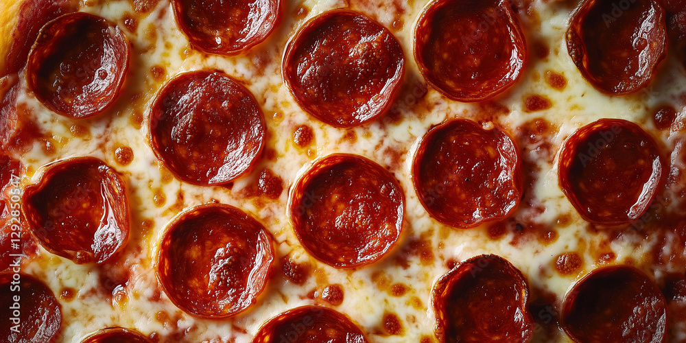 A macro shot of a pepperoni pizza, top view, close-up A macro shot of a pepperoni pizza, top view, close-up