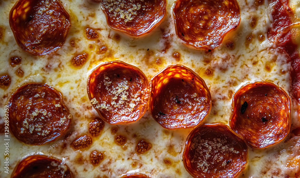 A macro shot of a pepperoni pizza, top view, close-up A macro shot of a pepperoni pizza, top view, close-up