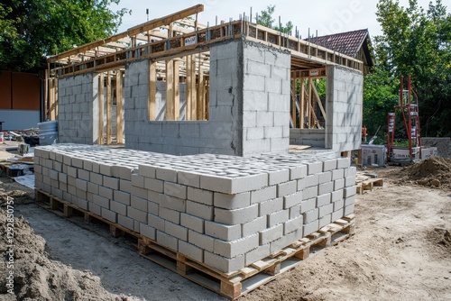 Wallpaper Mural Building a house using aerated concrete blocks and multiple brick pallets Torontodigital.ca
