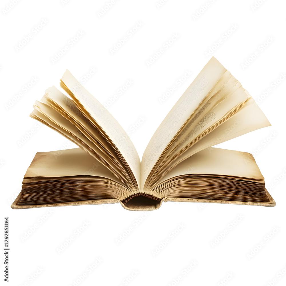 Fototapeta premium Open book with fanned-out aged pages on transparent background