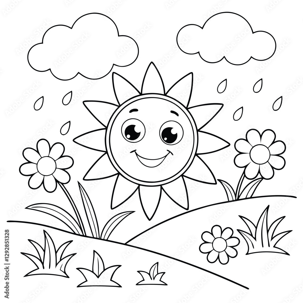 Fototapeta premium Playful Sun and Rain Clouds Cute Coloring Sheet for Kids and Toddlers