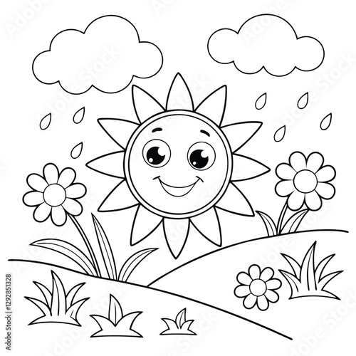 Playful Sun and Rain Clouds Cute Coloring Sheet for Kids and Toddlers