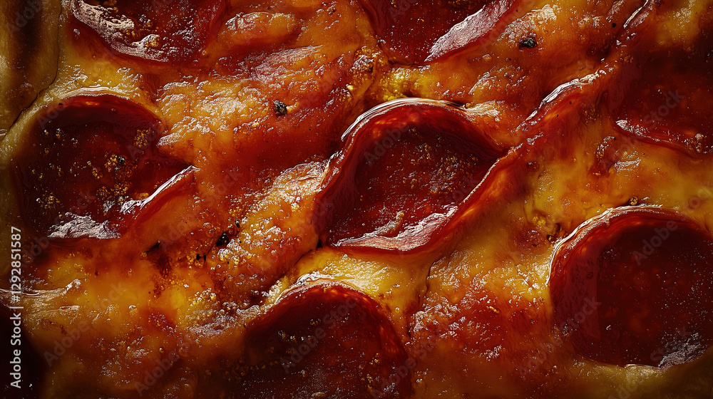 A macro shot of a pepperoni pizza, top view, close-up A macro shot of a pepperoni pizza, top view, close-up