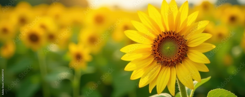 Obraz premium Closeup single sunflower; rich brown center, bright yellow rays; summer field background , sun, floral, happy