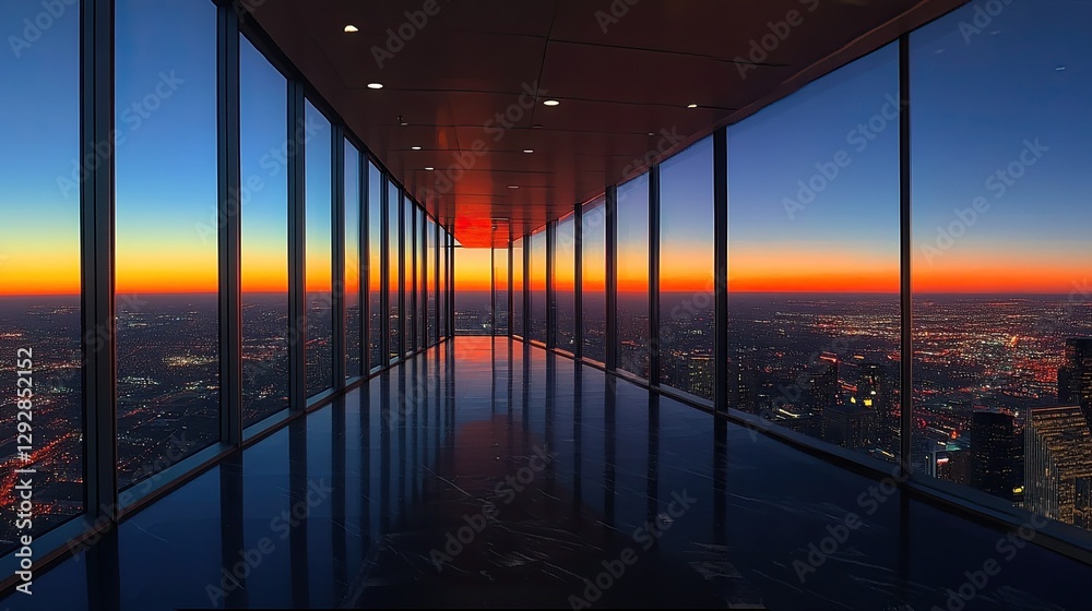 A panoramic view of the skyline from the top of a skyscraper, with the horizon glowing at sunset. A panoramic view of the skyline from the top of a skyscraper, with the horizon glowing at sunset.