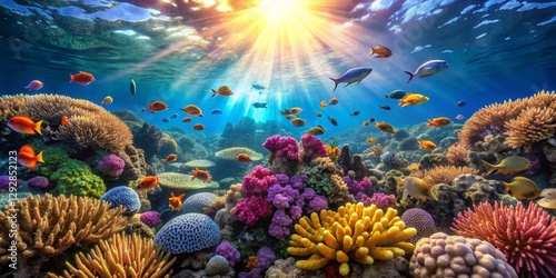 Wallpaper Mural Vivid Coral Reef Underwater Landscape with Colorful Fish and Sunlight Torontodigital.ca
