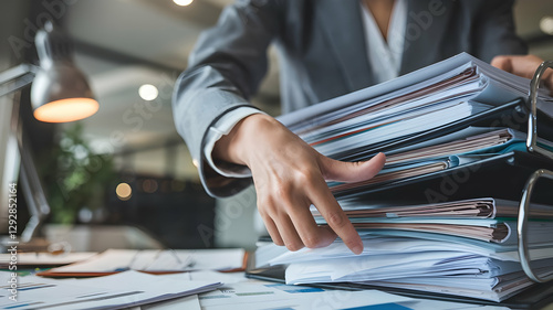 management of documents. Businesswoman searching and verifying corporate files using a stack of paper files, document accomplishments on office table folders, closeup 