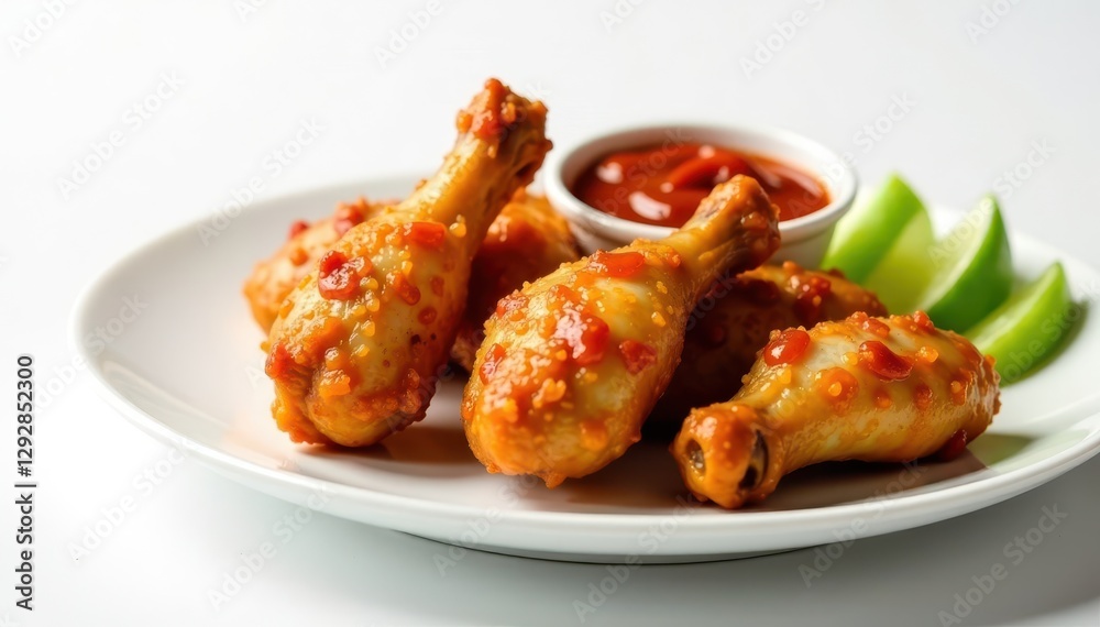 Crispy chicken wings with vibrant sauce, clean white backdrop , detail, crispy, chicken Crispy chicken wings with vibrant sauce, clean white backdrop , detail, crispy, chicken