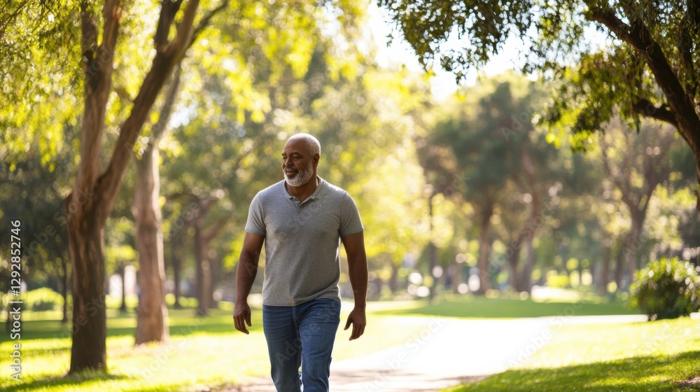 Hypertension patient taking a walk in a peaceful park surrounded by nature. Featuring physical wellness and relaxation Hypertension patient taking a walk in a peaceful park surrounded by nature. Featuring physical wellness and relaxation