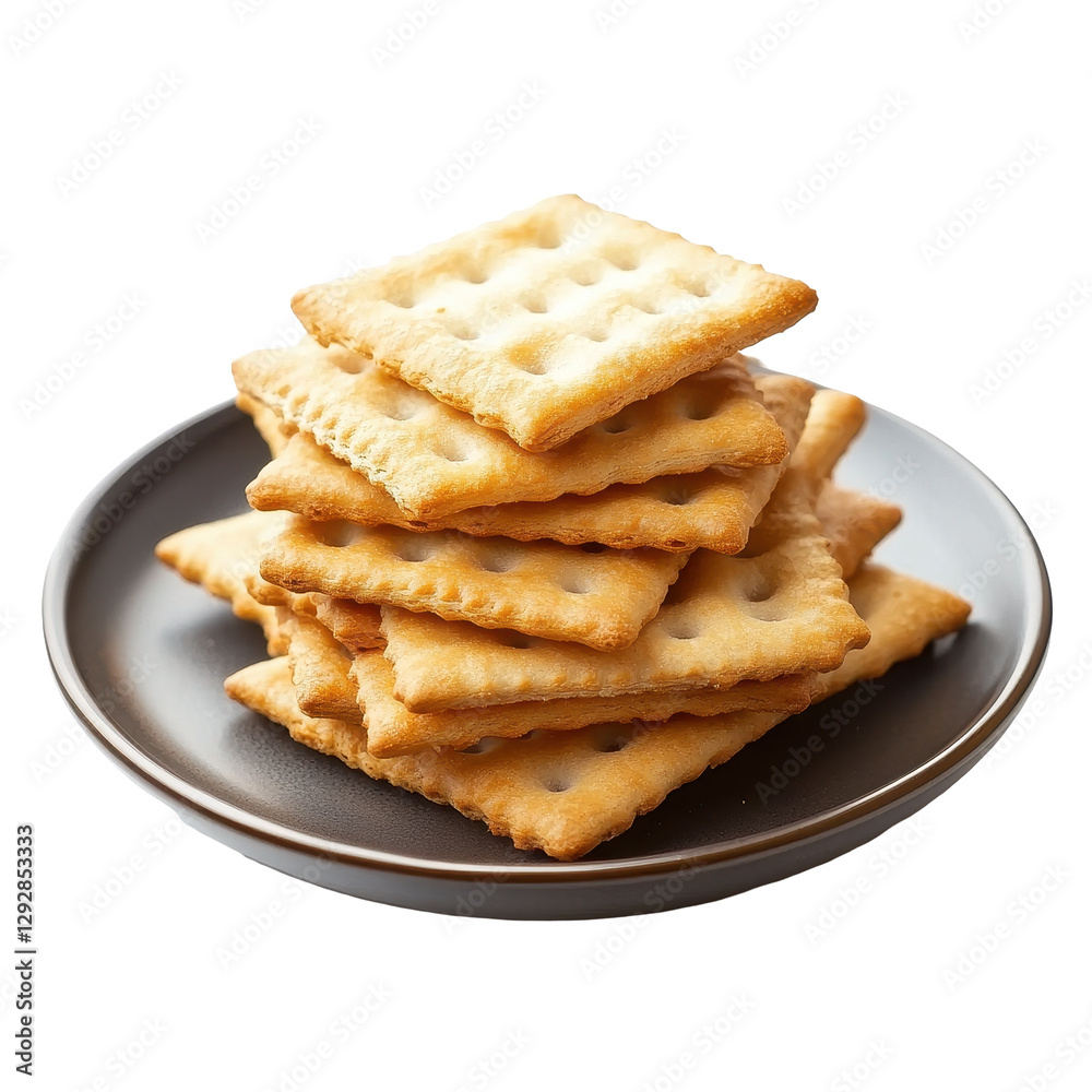 Stacked crackers on a black plate against a Transparent background, Cracker in a plateisolated on PNG background Stacked crackers on a black plate against a Transparent background, Cracker in a plateisolated on PNG background